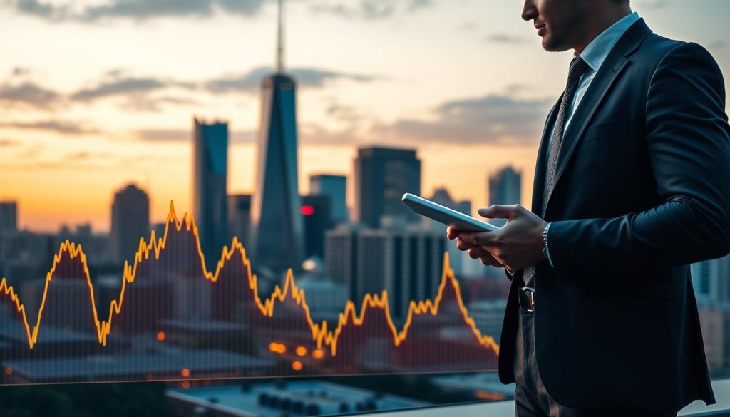 A dynamic graph showcasing mortgage rate fluctuations prominently in the foreground, featuring sharp lines representing dramatic changes over time. In the middle layer, a blend of charts and market analytics, hinting at trends and predictions with subtle colors like red and green to denote increases and decreases. The background illustrates an urban skyline, symbolizing the housing market with a mix of modern and classic architecture under soft twilight lighting, giving an analytical yet optimistic atmosphere. A professional individual in business attire, focused on analyzing data, stands to the side, holding a tablet, emphasizing the human aspect of market analysis. The angle captures depth, creating a sense of perspective that draws the viewer into the scene. A dynamic graph showcasing mortgage rate fluctuations prominently in the foreground, featuring sharp lines representing dramatic changes over time. In the middle layer, a blend of charts and market analytics, hinting at trends and predictions with subtle colors like red and green to denote increases and decreases. The background illustrates an urban skyline, symbolizing the housing market with a mix of modern and classic architecture under soft twilight lighting, giving an analytical yet optimistic atmosphere. A professional individual in business attire, focused on analyzing data, stands to the side, holding a tablet, emphasizing the human aspect of market analysis. The angle captures depth, creating a sense of perspective that draws the viewer into the scene.