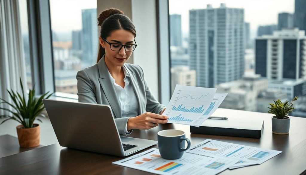 A modern home office scene featuring a sleek desk with a laptop displaying graphs and charts comparing mortgage rates. In the foreground, a confident professional woman in business attire reviews paperwork, with a focused expression as she analyzes the data. The middle ground includes detailed printouts of different mortgage rates arranged neatly, alongside a coffee cup and a potted plant, adding a touch of warmth to the workspace. In the background, large windows let in natural light, illuminating a city skyline that signifies a bustling real estate market. Soft, diffused lighting enhances the atmosphere, creating a sense of clarity and optimism about finding the best mortgage rates.