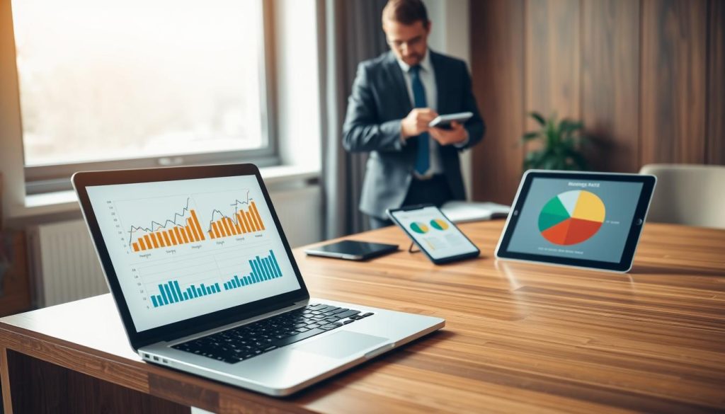 A modern office setting showcasing a sleek wooden desk in the foreground with a laptop displaying graphs and charts comparing different mortgage rates. In the middle ground, there is a financial advisor in professional business attire, analyzing the graphs while taking notes. To the side, a digital tablet is visible with a pie chart illustrating various mortgage types. The background features a large window with natural light streaming in, casting soft shadows on the desk. The atmosphere is focused and professional, encouraging trust and insight into financial decisions. The overall color palette is warm with tones of wood and muted greens, creating an inviting yet serious mood.