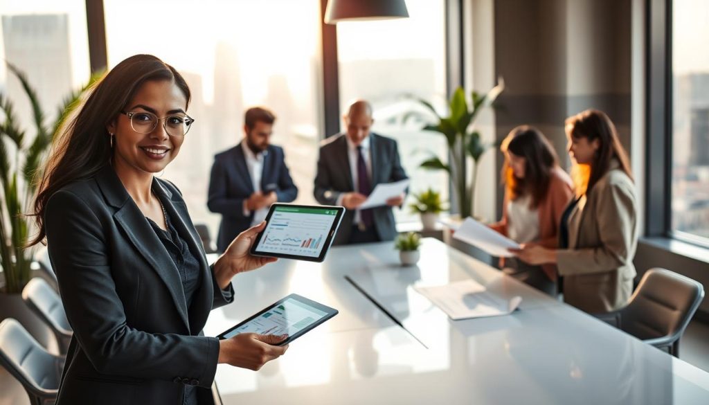 A modern office space showcasing a diverse group of professionals discussing mortgage options around a sleek conference table. In the foreground, a confident businesswoman in professional attire is pointing at a digital tablet displaying mortgage rates. In the middle ground, two colleagues, a man and a woman, are engaged in conversation, each holding paperwork and graphs. The background features a large window with a city skyline view, sunlight streaming in, creating a warm and inviting atmosphere. The scene captures a sense of collaboration and professionalism, emphasizing trust and expertise in mortgage lending. Soft lighting enhances the modern decor, with plants and contemporary furniture adding a touch of warmth. The overall mood is focused and dynamic, reflecting the urgency of securing competitive mortgage rates.