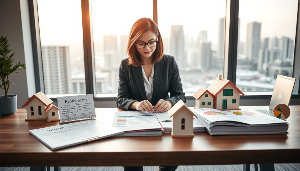 A modern office space showcasing various hybrid home loan options. In the foreground, a sleek wooden table displays brochures and documents related to fixed, variable, and hybrid loans, alongside a calculator and a laptop. The middle ground features a professional businesswoman in smart attire, studying the materials thoughtfully. She has shoulder-length brown hair and glasses, conveying an air of competence. In the background, large windows let in soft, warm natural light, illuminating a city skyline, symbolizing growth and opportunity. The atmosphere is focused yet inviting, reflecting financial professionalism and guidance, with neatly arranged house models and pie charts subtly integrated into the scene, representing the comparative aspect of the loan types.