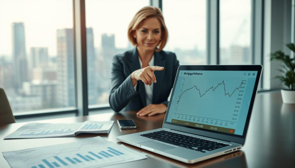 A professional-looking office environment with a modern desk in the foreground, featuring a laptop displaying fluctuating mortgage refinance interest rates. To the side, a neatly organized financial document with graphs and charts indicating favorable trends. In the middle ground, a confident business professional, a middle-aged woman in business attire, is engaged in a discussion over the laptop, pointing at the screen with a focused expression. In the background, a large window provides natural light, revealing a city skyline that indicates urban financial activity. The atmosphere is optimistic and analytical, with an emphasis on the importance of timing in mortgage refinancing, captured using a soft-focus lens to keep attention on the key elements. The lighting is bright and inviting, suggesting a productive work environment. A professional-looking office environment with a modern desk in the foreground, featuring a laptop displaying fluctuating mortgage refinance interest rates. To the side, a neatly organized financial document with graphs and charts indicating favorable trends. In the middle ground, a confident business professional, a middle-aged woman in business attire, is engaged in a discussion over the laptop, pointing at the screen with a focused expression. In the background, a large window provides natural light, revealing a city skyline that indicates urban financial activity. The atmosphere is optimistic and analytical, with an emphasis on the importance of timing in mortgage refinancing, captured using a soft-focus lens to keep attention on the key elements. The lighting is bright and inviting, suggesting a productive work environment.