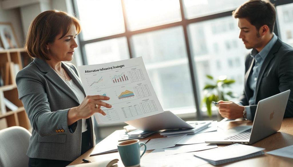 A professional office environment showcasing two individuals engaged in a collaborative discussion over various financial options. In the foreground, a middle-aged woman in business attire points at a document filled with graphs and notes, highlighting alternative refinancing strategies, while a young man in smart casual clothing listens intently, jotting down notes. The middle ground features a cluttered desk with financial reports, a laptop displaying a spreadsheet, and a coffee cup, suggesting a brainstorming session. The background shows a large window with natural light streaming in, casting a warm glow over the scene. The atmosphere is focused and optimistic, emphasizing problem-solving and innovative thinking in financial matters. The image should have a slight blur effect to create depth, without losing clarity in the foreground. A professional office environment showcasing two individuals engaged in a collaborative discussion over various financial options. In the foreground, a middle-aged woman in business attire points at a document filled with graphs and notes, highlighting alternative refinancing strategies, while a young man in smart casual clothing listens intently, jotting down notes. The middle ground features a cluttered desk with financial reports, a laptop displaying a spreadsheet, and a coffee cup, suggesting a brainstorming session. The background shows a large window with natural light streaming in, casting a warm glow over the scene. The atmosphere is focused and optimistic, emphasizing problem-solving and innovative thinking in financial matters. The image should have a slight blur effect to create depth, without losing clarity in the foreground.