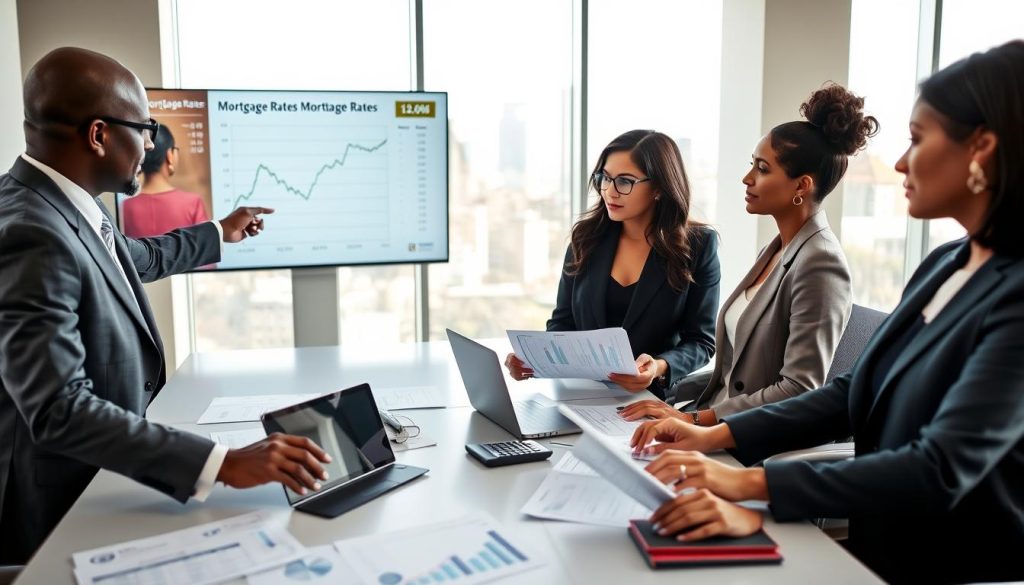 A professional office environment where a diverse group of people—two women and one man—are engaged in a discussion about mortgage rates. In the foreground, a middle-aged man in a tailored suit points to a chart displaying fluctuating mortgage rates on a large screen. The women, one in a smart blazer and the other in a business dress, examine papers with graphs and numbers, highlighting key factors influencing rates, such as credit score, loan type, and market conditions. In the middle ground, a sleek conference table is cluttered with financial documents, calculators, and a laptop. Soft, natural light filters through large windows, creating a warm, inviting atmosphere. The background features a city skyline, symbolizing the housing market dynamics. The focus is clear, capturing a sense of professionalism and teamwork as they strategize about securing the lowest mortgage rate.