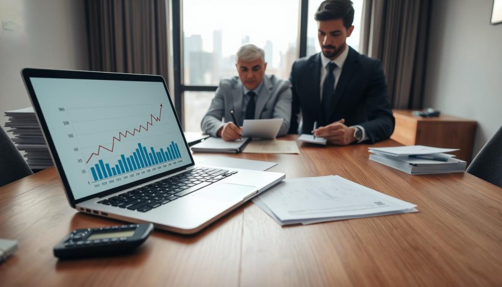 A professional office setting with a wooden desk in the foreground, showcasing a laptop displaying a graph analyzing mortgage rates. On one side of the desk, there are neatly stacked financial documents and a calculator, symbolizing financial readiness. In the middle, a person in business attire reviews these documents, looking pensive while taking notes on a notepad. The background features a well-lit room with a window that overlooks a city skyline, emphasizing an optimistic yet serious atmosphere. Soft, natural lighting filters through the window, enhancing the scene’s clarity. The angle is slightly overhead, capturing both the desk and the individual, creating an intimate yet informative feel. A professional office setting with a wooden desk in the foreground, showcasing a laptop displaying a graph analyzing mortgage rates. On one side of the desk, there are neatly stacked financial documents and a calculator, symbolizing financial readiness. In the middle, a person in business attire reviews these documents, looking pensive while taking notes on a notepad. The background features a well-lit room with a window that overlooks a city skyline, emphasizing an optimistic yet serious atmosphere. Soft, natural lighting filters through the window, enhancing the scene’s clarity. The angle is slightly overhead, capturing both the desk and the individual, creating an intimate yet informative feel.