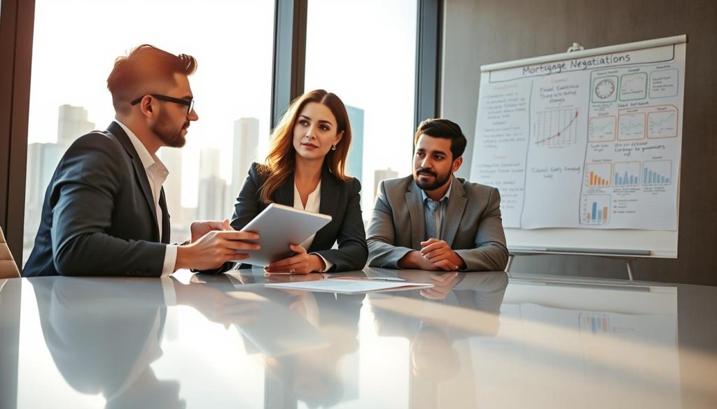 A professional real estate agent and a client engaged in negotiation at a sleek, modern office conference table. The agent is a Caucasian woman in a sharp business suit, confidently presenting data on a tablet, while the client, a Hispanic man dressed in a smart casual outfit, listens attentively. In the background, a large window reveals a city skyline bathed in warm afternoon sunlight, creating a welcoming atmosphere. A whiteboard filled with charts and strategies for mortgage negotiation is visible, adding depth to the scene. The composition captures a sense of urgency and determination, with soft lighting highlighting the focused expressions of both individuals. The camera angle is slightly low, emphasizing the importance of the negotiation, while keeping the overall tone professional and inspiring.