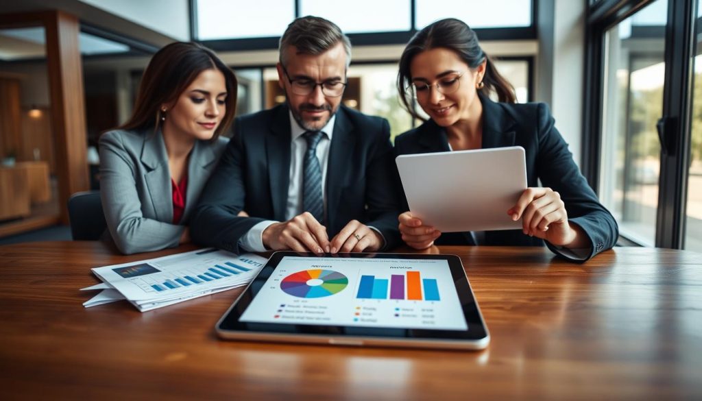 A professional setting depicting a decision-making scenario between fixed and adjustable mortgage rates. In the foreground, a well-dressed couple, dressed in business attire, sit at a sleek wood table, examining mortgage rate charts and financial documents with focused expressions. In the middle ground, a large digital tablet displays vibrant, comparative graphs of mortgage rates, with pie charts and percentages clearly illustrating differences. The background features a modern office with large windows, allowing natural light to illuminate the scene, casting soft shadows. The mood is serious yet optimistic, conveying a sense of empowerment and clarity in financial decision-making. The angle is slightly elevated, capturing the dynamic interaction between the couple and their decision-making tools, emphasizing their contemplative engagement. A professional setting depicting a decision-making scenario between fixed and adjustable mortgage rates. In the foreground, a well-dressed couple, dressed in business attire, sit at a sleek wood table, examining mortgage rate charts and financial documents with focused expressions. In the middle ground, a large digital tablet displays vibrant, comparative graphs of mortgage rates, with pie charts and percentages clearly illustrating differences. The background features a modern office with large windows, allowing natural light to illuminate the scene, casting soft shadows. The mood is serious yet optimistic, conveying a sense of empowerment and clarity in financial decision-making. The angle is slightly elevated, capturing the dynamic interaction between the couple and their decision-making tools, emphasizing their contemplative engagement.
