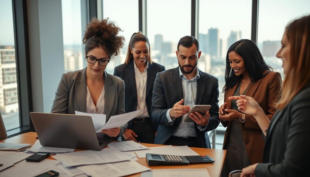 A professional setting depicting a diverse group of individuals in a modern office environment, discussing mortgage refinance options. In the foreground, a middle-aged woman with glasses in smart business attire examines paperwork, looking thoughtfully at her laptop. Next to her, a younger man, also in business attire, gestures as he explains something on a digital tablet. In the middle, a large desk cluttered with financial documents and a calculator, symbolizing the complexity of refinancing. The background features a large window with natural light streaming in, illuminating the scene, while a city skyline is faintly visible. The mood is focused and optimistic, reflecting the hopefulness of exploring refinancing options despite bad credit. The image should have a warm color palette with soft shadows for a welcoming atmosphere. A professional setting depicting a diverse group of individuals in a modern office environment, discussing mortgage refinance options. In the foreground, a middle-aged woman with glasses in smart business attire examines paperwork, looking thoughtfully at her laptop. Next to her, a younger man, also in business attire, gestures as he explains something on a digital tablet. In the middle, a large desk cluttered with financial documents and a calculator, symbolizing the complexity of refinancing. The background features a large window with natural light streaming in, illuminating the scene, while a city skyline is faintly visible. The mood is focused and optimistic, reflecting the hopefulness of exploring refinancing options despite bad credit. The image should have a warm color palette with soft shadows for a welcoming atmosphere.