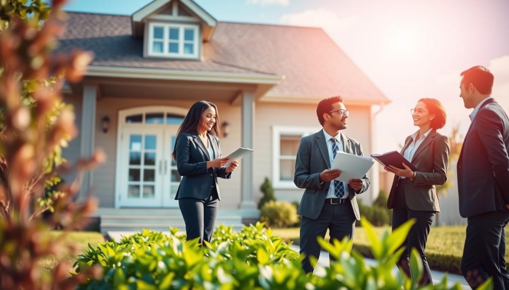 A serene and inviting scene depicting a modern home with a welcoming facade, emphasizing the idea of securing the best home loan rates. In the foreground, a diverse group of three professionals dressed in smart business attire discuss documents and calculators, illustrating strategic planning. The middle ground features a vibrant garden with fresh greenery, symbolizing growth and financial stability. In the background, a clear blue sky and soft sunlight bathes the home, creating an uplifting atmosphere. Use a wide-angle lens to capture a sense of openness and opportunity, with a warm color palette enhancing the feeling of optimism and security. The overall mood should be professional yet approachable, highlighting the importance of home financing.
