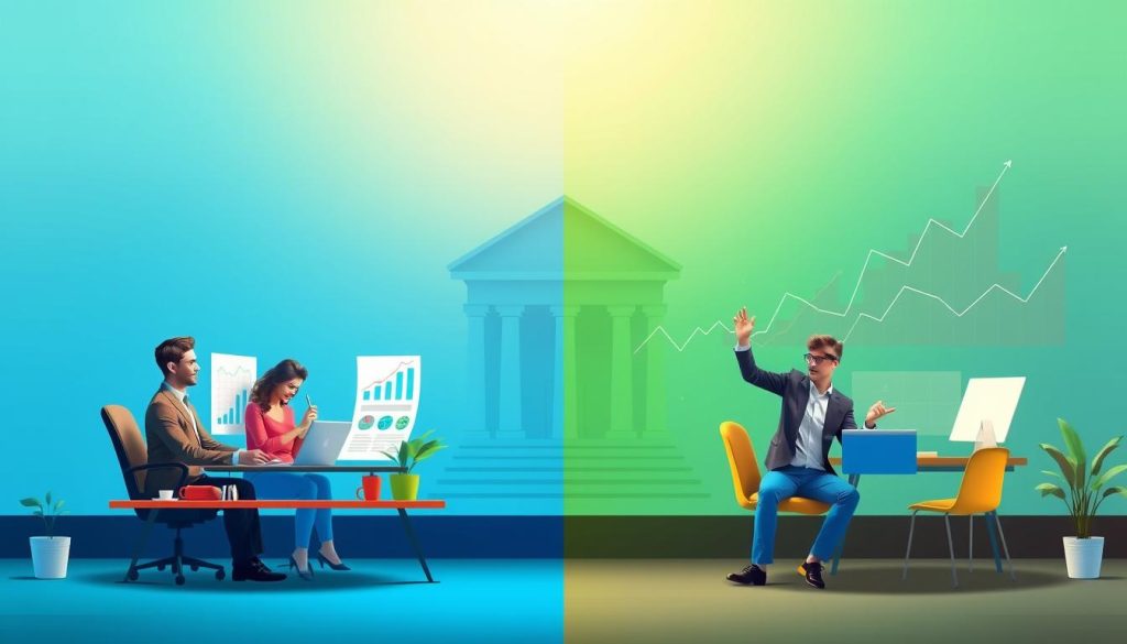 A split image illustrating the concept of fixed vs variable interest rates for home loans. In the foreground, depict two distinct scenes: on the left, a calm and reassuring financial advisor in professional attire, confidently discussing fixed rates with a couple seated at a desk, surrounded by charts showing stable growth; on the right, a dynamic, youthful investor in smart casual clothing, energetically explaining variable rates to another couple, with fluctuating graphs and vibrant colors showcasing potential risks and rewards. The middle ground features contrasting elements like a traditional bank building juxtaposed with a modern, flexible workspace. The background should fade into a soft gradient that transitions from serene blue on the left to energetic green on the right, representing the stability of fixed rates against the volatility of variable rates. The lighting is warm and inviting, capturing a professional yet approachable atmosphere.