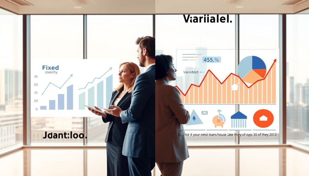 A split image showcasing the comparison between fixed and variable home loan rates. On the left side, depict a professional male and female duo dressed in business attire, discussing fixed-rate loans, surrounded by a chart showing stability and a rising graph. Use soft, warm lighting to convey security. On the right side, illustrate the same professionals but with a more dynamic atmosphere for variable rates, featuring a fluctuating line graph and pie charts, with cooler lighting to suggest volatility. The background should be a modern office with a large window, showing a city skyline. Use a wide-angle lens to encompass both themes clearly, creating an informative yet visually engaging comparison. The overall mood should be professional and insightful, emphasizing the key differences in loan types.