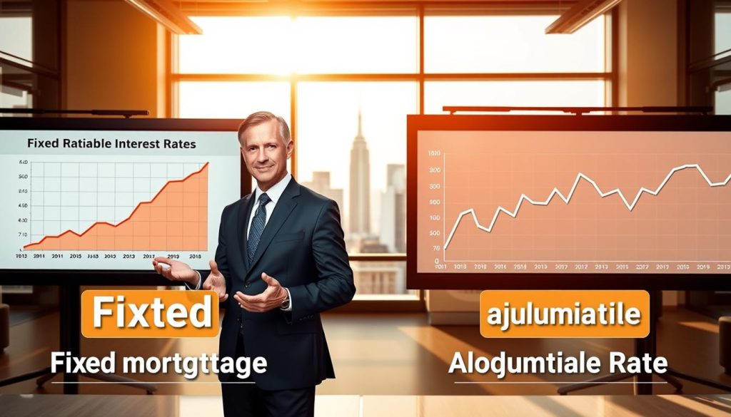 A split-screen comparison image illustrating fixed versus adjustable mortgage rates. In the foreground, on the left, a confident professional in a business suit explains fixed mortgage rates, standing beside a graphic of a stable, unchanging interest rate with a clear upward trend. On the right, another professional in similar attire discusses adjustable mortgage rates, with a graphic showing fluctuating interest rates over time, symbolizing volatility. In the middle ground, use a modern office setting with financial charts and graphs on screens. The background features a city skyline visible through large windows, bathed in warm, natural lighting, creating a reassuring atmosphere. Use a medium angle perspective to capture both subjects and their graphs effectively, conveying professionalism and clarity. A split-screen comparison image illustrating fixed versus adjustable mortgage rates. In the foreground, on the left, a confident professional in a business suit explains fixed mortgage rates, standing beside a graphic of a stable, unchanging interest rate with a clear upward trend. On the right, another professional in similar attire discusses adjustable mortgage rates, with a graphic showing fluctuating interest rates over time, symbolizing volatility. In the middle ground, use a modern office setting with financial charts and graphs on screens. The background features a city skyline visible through large windows, bathed in warm, natural lighting, creating a reassuring atmosphere. Use a medium angle perspective to capture both subjects and their graphs effectively, conveying professionalism and clarity.